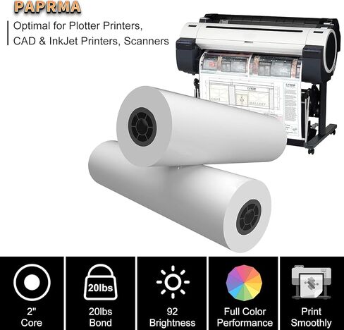 ورق تنسيق عريض مقاس 24 بوصة × 150 قدمًا، 2 بوصة، ورق رسم أبيض CAD السندات 2 لفات in Kuwait