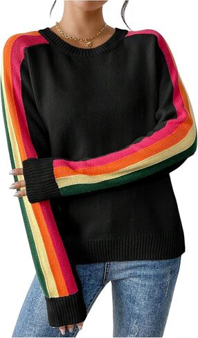 SweatyRocks Women's Casual Crewneck Lightweight Sweater Rainbow Striped Crochet Knit Shirt Top in Saudi Arabia