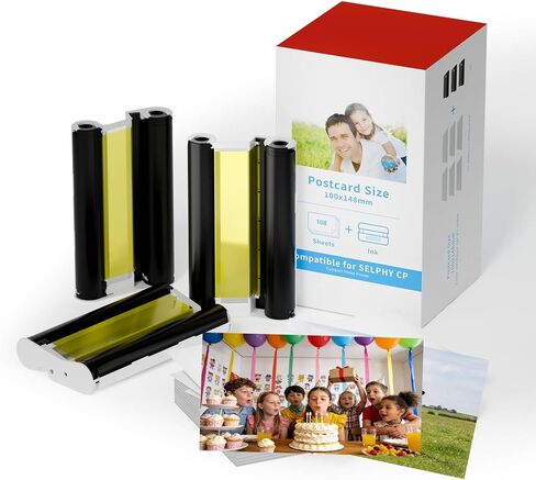 حبر وورق ملون KP-108IN متوافق مع حبر وورق Canon Selphy CP1500 CP1300، KP 108IN KP108IN لـ Canon Selphy CP1200 CP910 CP740، 3 أشرطة و108 ورقة صور مقاس 4×6 in Kuwait