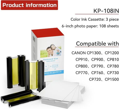 حبر وورق ملون KP-108IN متوافق مع حبر وورق Canon Selphy CP1500 CP1300، KP 108IN KP108IN لـ Canon Selphy CP1200 CP910 CP740، 3 أشرطة و108 ورقة صور مقاس 4×6 in Kuwait