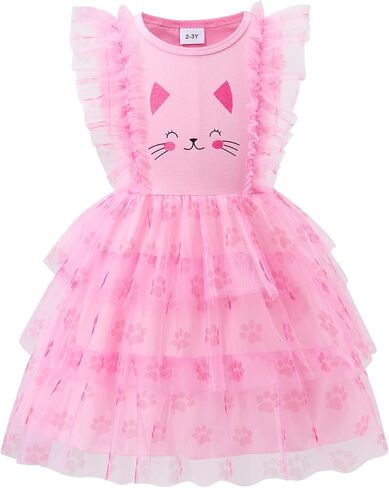 Toddler Tutu Dress Girls Tulle Flutter Sleeve Birthday Party Sundress Fluffy Tiered Summer Dresses for Kids 3-8Y in Kuwait