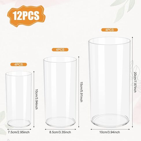 12 مجموعة من المزهريات الأسطوانية البلاستيكية الشفافة (4 قطع لكل منها: 4 بوصة، 6 بوصة، 8 بوصة) - مزهرية مركزية مزخرفة للزهور، والشموع العائمة، وديكور الزفاف والمنزل in Kuwait