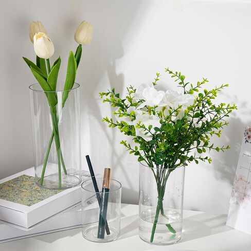 12 مجموعة من المزهريات الأسطوانية البلاستيكية الشفافة (4 قطع لكل منها: 4 بوصة، 6 بوصة، 8 بوصة) - مزهرية مركزية مزخرفة للزهور، والشموع العائمة، وديكور الزفاف والمنزل in Kuwait