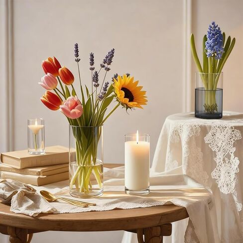12 مجموعة من المزهريات الأسطوانية البلاستيكية الشفافة (4 قطع لكل منها: 4 بوصة، 6 بوصة، 8 بوصة) - مزهرية مركزية مزخرفة للزهور، والشموع العائمة، وديكور الزفاف والمنزل in Kuwait