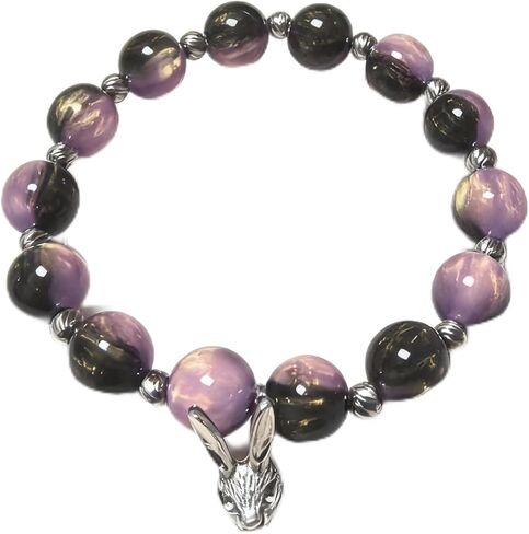 Amethyst Bracelet for Women - 10mm Round Beaded Crystal Bracelet with Rabbit Charm for Anxiety Relief and Positive Energy - Yoga Stretch Elastic Healing Gift for Women in Saudi Arabia