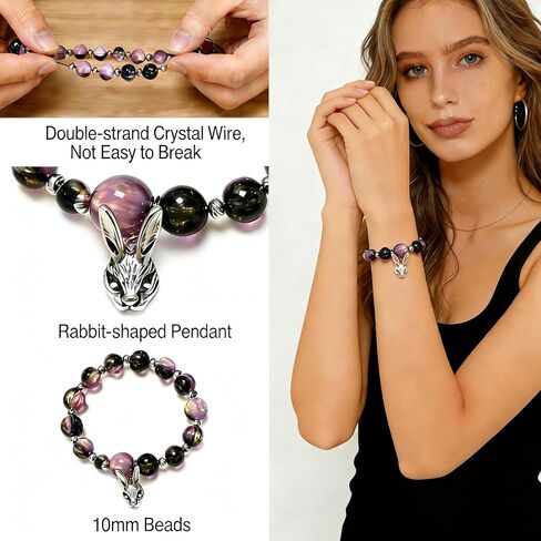 Amethyst Bracelet for Women - 10mm Round Beaded Crystal Bracelet with Rabbit Charm for Anxiety Relief and Positive Energy - Yoga Stretch Elastic Healing Gift for Women in Saudi Arabia