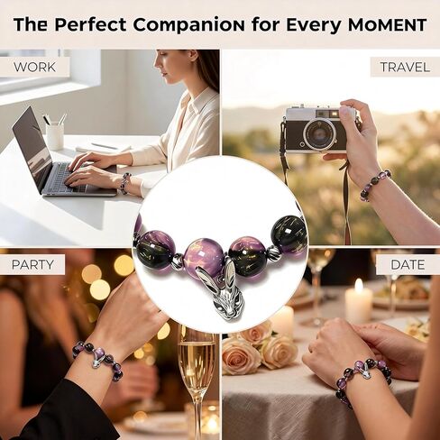 Amethyst Bracelet for Women - 10mm Round Beaded Crystal Bracelet with Rabbit Charm for Anxiety Relief and Positive Energy - Yoga Stretch Elastic Healing Gift for Women in Saudi Arabia