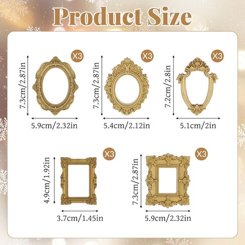 15pcs Vintage Mini Picture Frames Baroque Small Gold Frames, Tiny Picture Frames Little Antique Frames, Oval Rectangle Wall Hanging for DIY Photo Holiday Party Wedding Decoration Christmas in Saudi Arabia