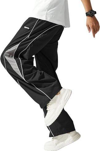 Mens Relax Fit Parachute Pants Letter Embroidery Color Block Panel Drawstring Waist Casual Sports Jogger Sweatpants in Saudi Arabia