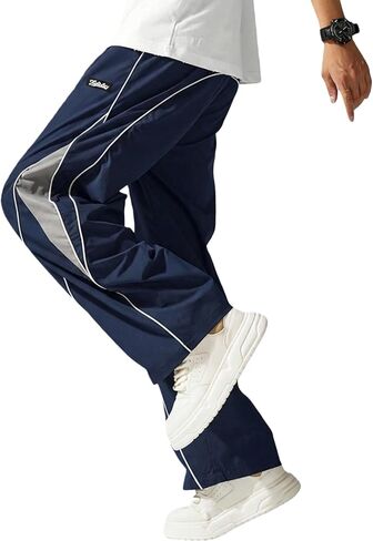 Mens Relax Fit Parachute Pants Letter Embroidery Color Block Panel Drawstring Waist Casual Sports Jogger Sweatpants in Saudi Arabia