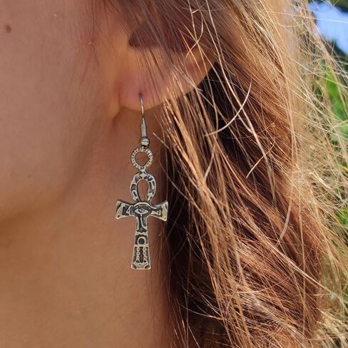 Ankh Earrings Egyptian Key of Life Earrings with Eye of Ra, Handmade Silver Dangle Jewelry, Unisex Gothic Gift in Kuwait