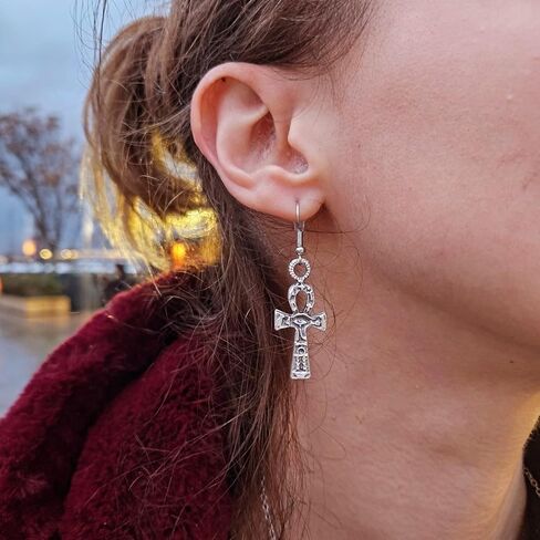 Ankh Earrings Egyptian Key of Life Earrings with Eye of Ra, Handmade Silver Dangle Jewelry, Unisex Gothic Gift in Kuwait