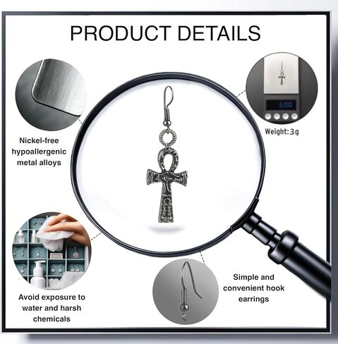 Ankh Earrings Egyptian Key of Life Earrings with Eye of Ra, Handmade Silver Dangle Jewelry, Unisex Gothic Gift in Kuwait