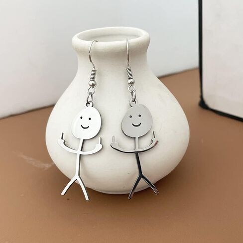 Funny Doodle Man Dangle Earrings - Stainless Steel Smiling Doodle Man with Middle Finger Gesture Drop Earrings for Women Men Trendy Jewelry in Saudi Arabia
