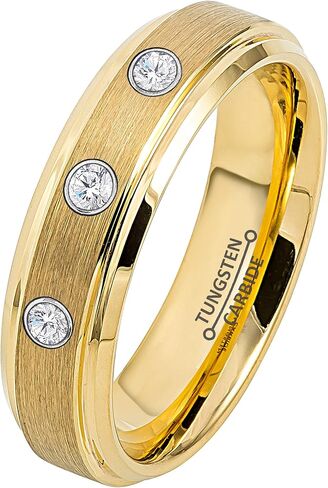 0.21ct Diamond 3-Stone Tungsten Ring - April Birthstone - 6MM Yellow Gold Ion-Plated Flat Brushed Finish Center Stepped Edge Comfort Fit Unisex Wedding Anniversary Band in Kuwait