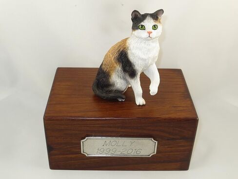 Beautiful Paulownia Small Wooden Urn with Shorthair Calico Figurine & Personalized Pewter Engraving in Saudi Arabia
