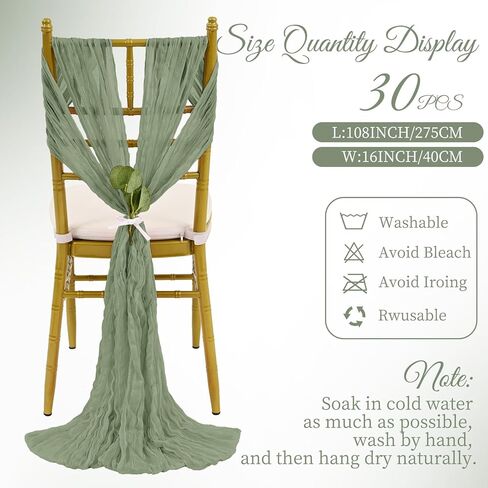 30 قطعة من أوشاح الكراسي المصنوعة من القماش القطني الأخضر، مقاس 40.64 × 108 بوصة، أوشاح مصممة بأغطية كراسي عالمية لحفلات الزفاف الريفية وحفلات الفنادق والممرات لتزيين المطبخ المنزلي in Kuwait