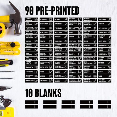 100pcs Magnetic Toolbox Labels 3.5x1Inch Magnetic Tool Box Organizer Label - 90 Pre-Printed & 10 Blank Tool Chest Organization Tags Toolbox Organizer Emblems Fits All Brand Steel Cabinet Tool Drawer in Kuwait