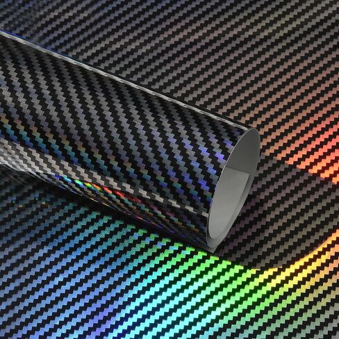 Holographic Laser Forged Carbon Fiber Vinyl Wrap High Gloss Rainbow Silver Color Change Car Body Wrapping Film Self-Adhesive Vehicle Exterior Interior Decorative Film, 59.84" x 11.81" in Kuwait