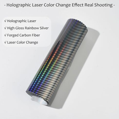 Holographic Laser Forged Carbon Fiber Vinyl Wrap High Gloss Rainbow Silver Color Change Car Body Wrapping Film Self-Adhesive Vehicle Exterior Interior Decorative Film, 59.84" x 11.81" in Kuwait