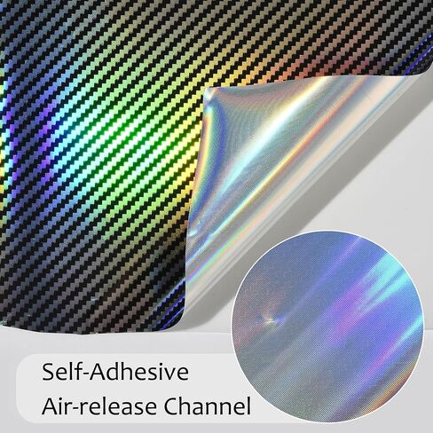 Holographic Laser Forged Carbon Fiber Vinyl Wrap High Gloss Rainbow Silver Color Change Car Body Wrapping Film Self-Adhesive Vehicle Exterior Interior Decorative Film, 59.84" x 11.81" in Kuwait