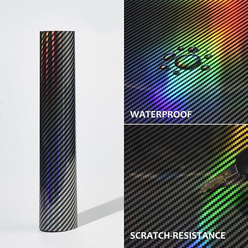 Holographic Laser Forged Carbon Fiber Vinyl Wrap High Gloss Rainbow Silver Color Change Car Body Wrapping Film Self-Adhesive Vehicle Exterior Interior Decorative Film, 59.84" x 11.81" in Kuwait