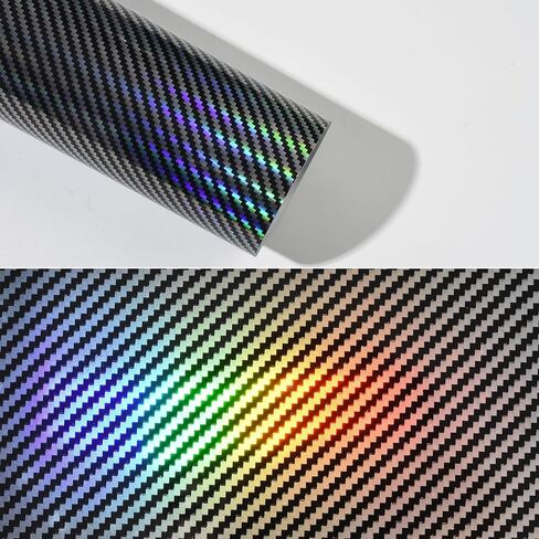Holographic Laser Forged Carbon Fiber Vinyl Wrap High Gloss Rainbow Silver Color Change Car Body Wrapping Film Self-Adhesive Vehicle Exterior Interior Decorative Film, 59.84" x 11.81" in Kuwait