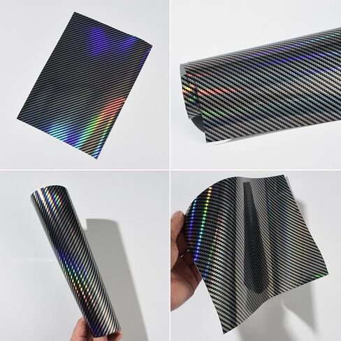 Holographic Laser Forged Carbon Fiber Vinyl Wrap High Gloss Rainbow Silver Color Change Car Body Wrapping Film Self-Adhesive Vehicle Exterior Interior Decorative Film, 59.84" x 11.81" in Kuwait
