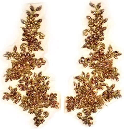2PCS Gold Rhinestones Beaded Shiny Applique patchs,Big Size Flowers Easy Cut to Smaller Pieces Applique for Clothing,Wedding Dress,Prom Dress and Other DIY Decoration in Saudi Arabia