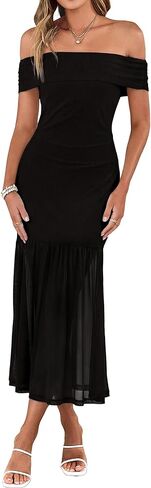 Simplee Womens Summer Off Shoulder Maxi Dress 2026 Ruched Bodycon Flowy Tulle Formal Cocktail Wedding Guest Long Dresses in Saudi Arabia