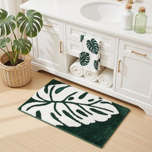 حصيرة حمام على شكل ورقة شجر مقاس 31 بوصة × 19 بوصة، سجادة حمام بأوراق خضراء ماصة غير قابلة للانزلاق للحمام، سجادة Monstera الاستوائية قابلة للغسل، سجادة ناعمة لطيفة للاستحمام، مدخل ممسحة غرفة النوم in Kuwait