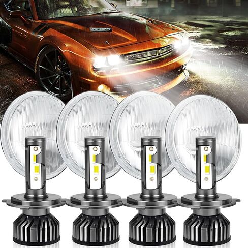 تصميم كلاسيكي المظهر 5 3/4 بوصة 5.75 بوصة غطاء عدسة زجاجية مستديرة مع مصابيح H4 LED للسيارات الكلاسيكية والشاحنات والشاحنات، غطاء الإضاءة الأمامية، ملاءمة عالمية، الحفاظ على المظهر الكلاسيكي in Saudi Arabia