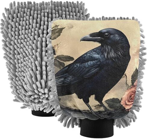 قفاز غسيل السيارات من AIXIWAWA، قفاز غسيل مقاوم للخدش، ماص للماء، 2 عبوة متوسطة الحجم بطباعة وردة على شكل غراب قوطي in Kuwait