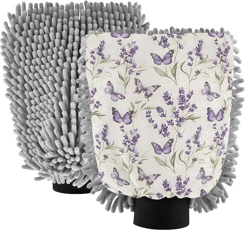 قفاز غسيل السيارات من AIXIWAWA قفاز غسيل على شكل فراشة لافندر مطبوع خالٍ من الخدوش وممتص للماء، عبوة من قطعتين متوسطة الحجم in Kuwait