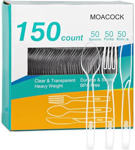 MOACOCK 150 Pcs Clear Plastic Silverware, Heavy Weight Plastic Forks Spoons Knives Disposable Utensils Cutlery Set for Wedding Party Supplies Everyday Use in Kuwait