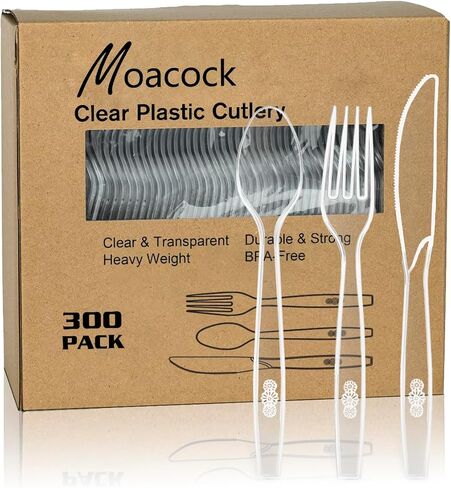 MOACOCK 150 Pcs Clear Plastic Silverware, Heavy Weight Plastic Forks Spoons Knives Disposable Utensils Cutlery Set for Wedding Party Supplies Everyday Use in Saudi Arabia