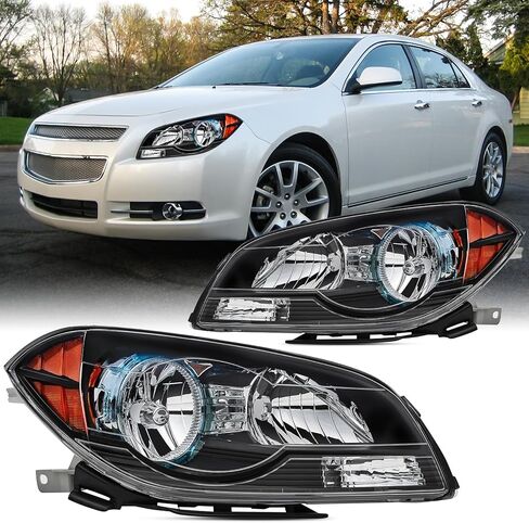 2PCS Headlight Assembly Set For 2008 2009 2010 2011 2012 Chevy Malibu LT LS LTZ Hybrid Sedan Replacement Headlamps Black Housing Amber Reflector Driver and Passenger side GM2502307 GM2503307 in Saudi Arabia