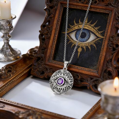 Natural Amethyst Devil's Eye Necklace Genuine February Birthstone Evil Eye Pendant Vintage Uniex Jewelry Gift Women Men in Saudi Arabia