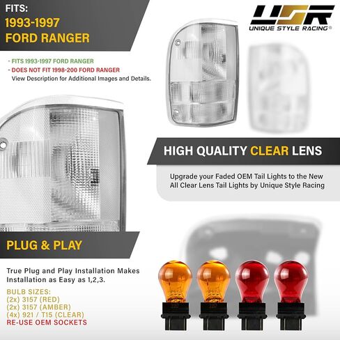 USR UNIQUE STYLE RACING 93-97 Ranger Pick-Up Tail Light - زوج مصابيح الذيل (يسار + يمين) متوافق مع شاحنة Ford Ranger PickUp 1993-1997 جميع الموديلات الجيل الثاني (عدسة واضحة مع مصابيح ملونة) in Saudi Arabia