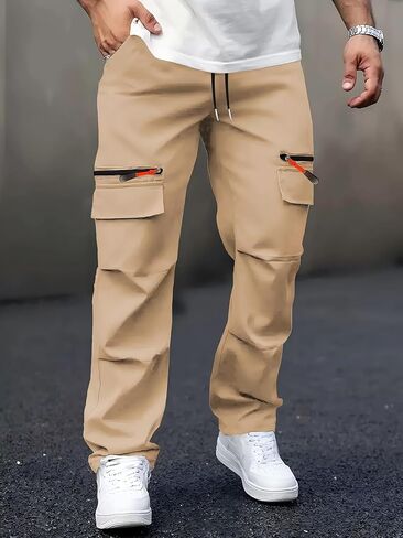 Men’s Loose Fit Cargo Pants with Zipper Pockets Straight Leg Casual Work Trousers for Outdoor Activities Daily Wear in Saudi Arabia