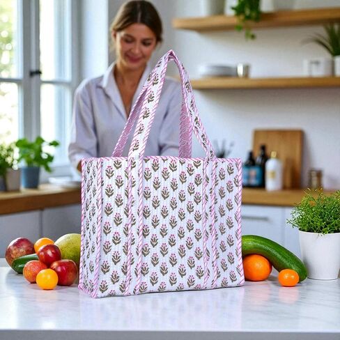 حقيبة حمل للنساء، حقائب تسوق البقالة، حقيبة قطنية كبيرة مبطنة، حقيبة شاطئ، حقائب عمل للنساء، حقيبة سفر زهرية، محفظة كتف أنيقة، حقيبة حمل مبطنة كبيرة الحجم | حقيبة يد قابلة لإعادة الاستخدام، حقائب يد يدوية، الحجم: 16 × 14 × 6، السعة 21 لتر، Ma in Kuwait