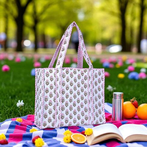 حقيبة حمل للنساء، حقائب تسوق البقالة، حقيبة قطنية كبيرة مبطنة، حقيبة شاطئ، حقائب عمل للنساء، حقيبة سفر زهرية، محفظة كتف أنيقة، حقيبة حمل مبطنة كبيرة الحجم | حقيبة يد قابلة لإعادة الاستخدام، حقائب يد يدوية، الحجم: 16 × 14 × 6، السعة 21 لتر، Ma in Kuwait