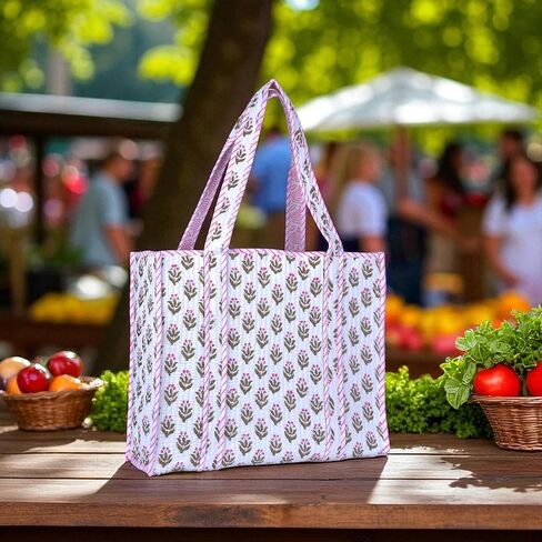 حقيبة حمل للنساء، حقائب تسوق البقالة، حقيبة قطنية كبيرة مبطنة، حقيبة شاطئ، حقائب عمل للنساء، حقيبة سفر زهرية، محفظة كتف أنيقة، حقيبة حمل مبطنة كبيرة الحجم | حقيبة يد قابلة لإعادة الاستخدام، حقائب يد يدوية، الحجم: 16 × 14 × 6، السعة 21 لتر، Ma in Kuwait