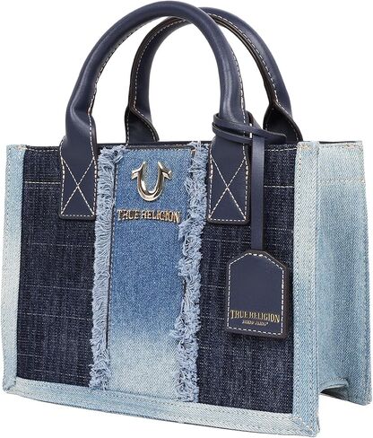 True Religion Women's Tote Bag, Frayed Denim Modern Carryall Handbag with Removable Crossbody Strap, Denim Blue in Saudi Arabia