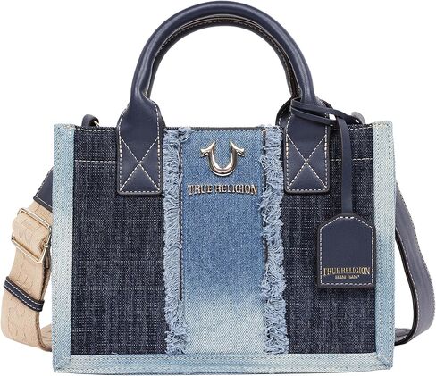 True Religion Women's Tote Bag, Frayed Denim Modern Carryall Handbag with Removable Crossbody Strap, Denim Blue in Saudi Arabia