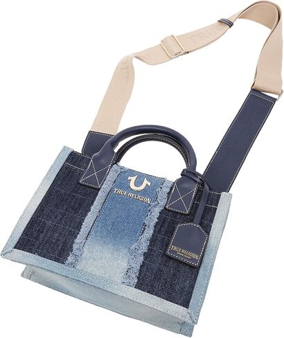 True Religion Women's Tote Bag, Frayed Denim Modern Carryall Handbag with Removable Crossbody Strap, Denim Blue in Saudi Arabia