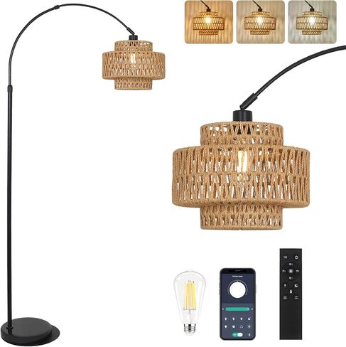 مصباح أرضي HMVPL Arc لغرفة المعيشة، مصباح أرضي Boho Rattan مع جهاز تحكم عن بعد، مصباح قائم أسود مع مؤقت Blub قابل للتعتيم، مصباح طويل مقوس في المزرعة لغرفة النوم للقراءة فوق الأريكة (ارتفاع قابل للتعديل) in Kuwait