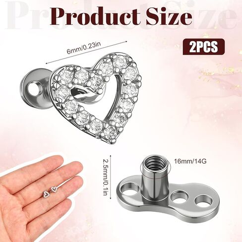 2Pcs Heart Dermal Jewelry Tops 14G Cubic Zirconia Dermal Piercing 316l Surgical Steel Fake Dermals Piercing Internally Threaded Studs for Women Men in Saudi Arabia