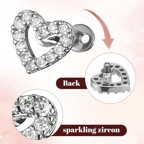 2Pcs Heart Dermal Jewelry Tops 14G Cubic Zirconia Dermal Piercing 316l Surgical Steel Fake Dermals Piercing Internally Threaded Studs for Women Men in Saudi Arabia