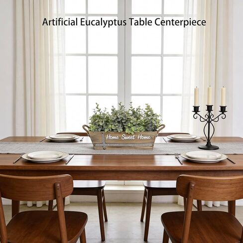 قطعة مركزية لطاولة الأوكالبتوس الصناعية في صندوق خشبي، ترتيب خضرة صناعية مع لافتة "Home Sweet Home"، مقابض من حبال الجوت، ديكور منزلي ريفي للمزرعة in Kuwait